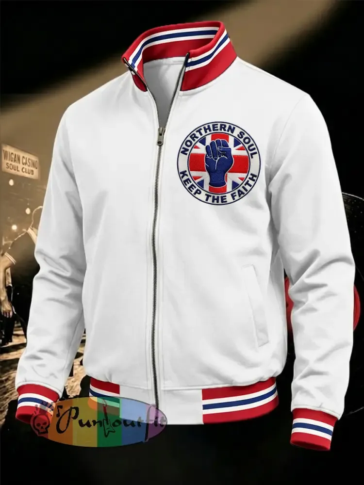 Men’s Retro Northern Soul Keep The Faith Print Casual Zipper Sweatshirt - White · S