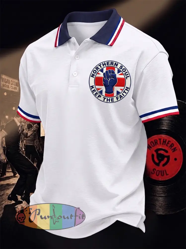 Men’s Retro Northern Soul Keep The Faith Print Casual Polo - White · S