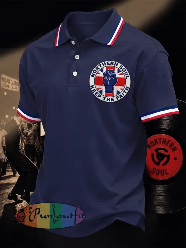 Men’s Retro Northern Soul Keep The Faith Print Casual Polo - Deep Blue · S