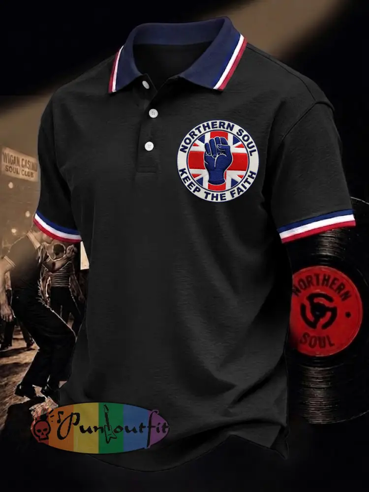 Men’s Retro Northern Soul Keep The Faith Print Casual Polo - Black · S