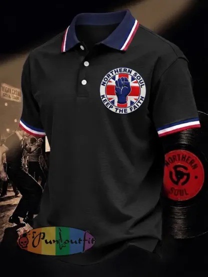 Men’s Retro Northern Soul Keep The Faith Print Casual Polo - Black · S