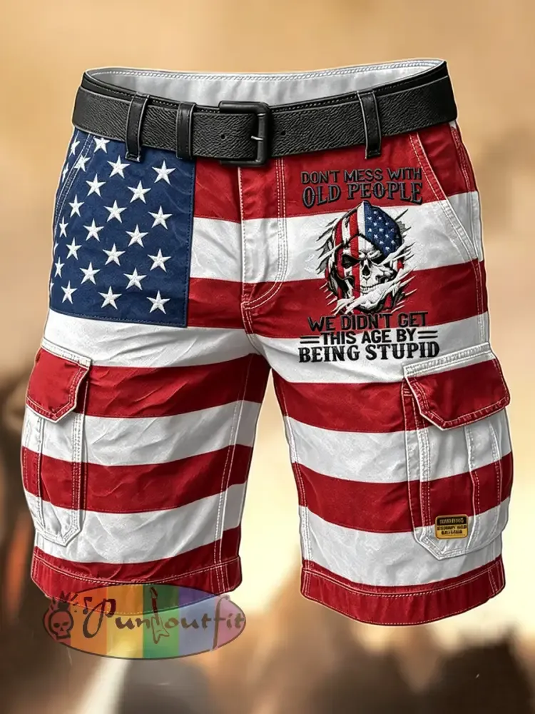 Men’s Retro Vacation Business Art Grumy Old Man Print Casual Shorts