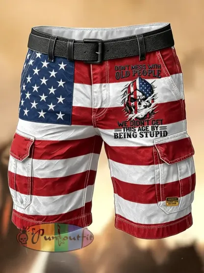 Men’s Retro Vacation Business Art Grumy Old Man Print Casual Shorts