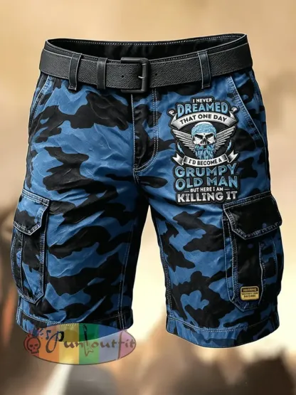 Men’s Retro Vacation Business Art Grumy Old Man Print Casual Shorts