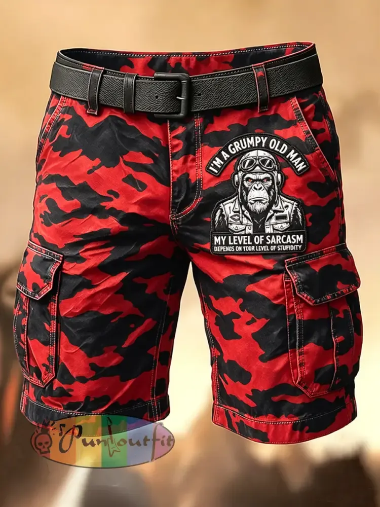 Men’s Retro Vacation Business Art Grumy Old Man Print Casual Shorts