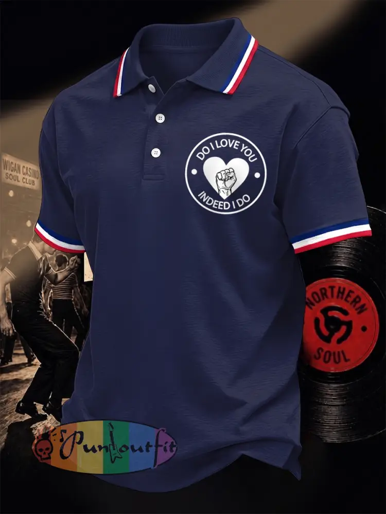 Men’s Retro Northern Soul Do I Love You Indeed I Do Print Casual Polo - Deep Blue · S