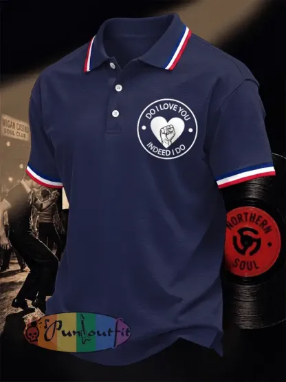 Men’s Retro Northern Soul Do I Love You Indeed I Do Print Casual Polo - Deep Blue · S