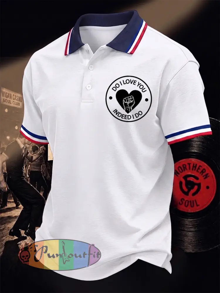 Men’s Retro Northern Soul Do I Love You Indeed I Do Print Casual Polo - White · S