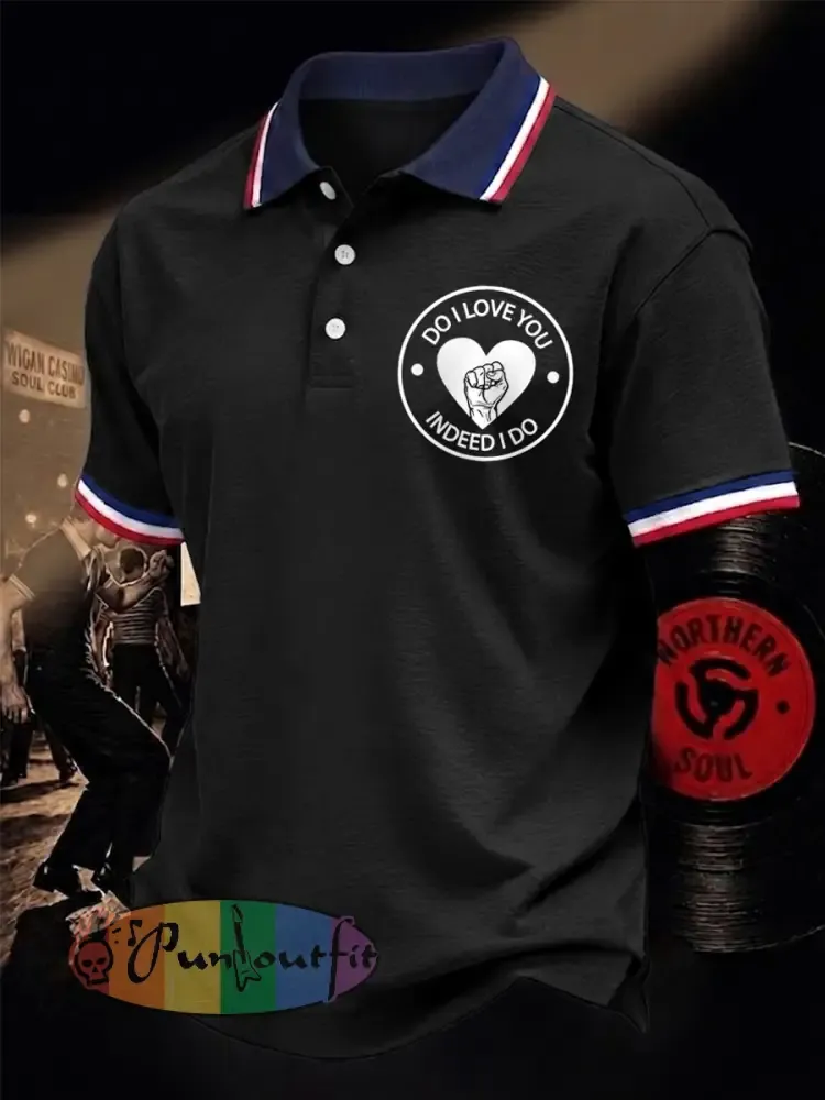 Men’s Retro Northern Soul Do I Love You Indeed I Do Print Casual Polo - Black · S