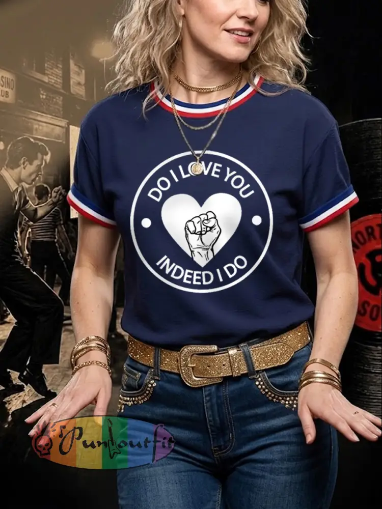 Women’s Retro Northern Soul Do I Love You Indeed I Do Print Casual Tee - Deep Blue · S