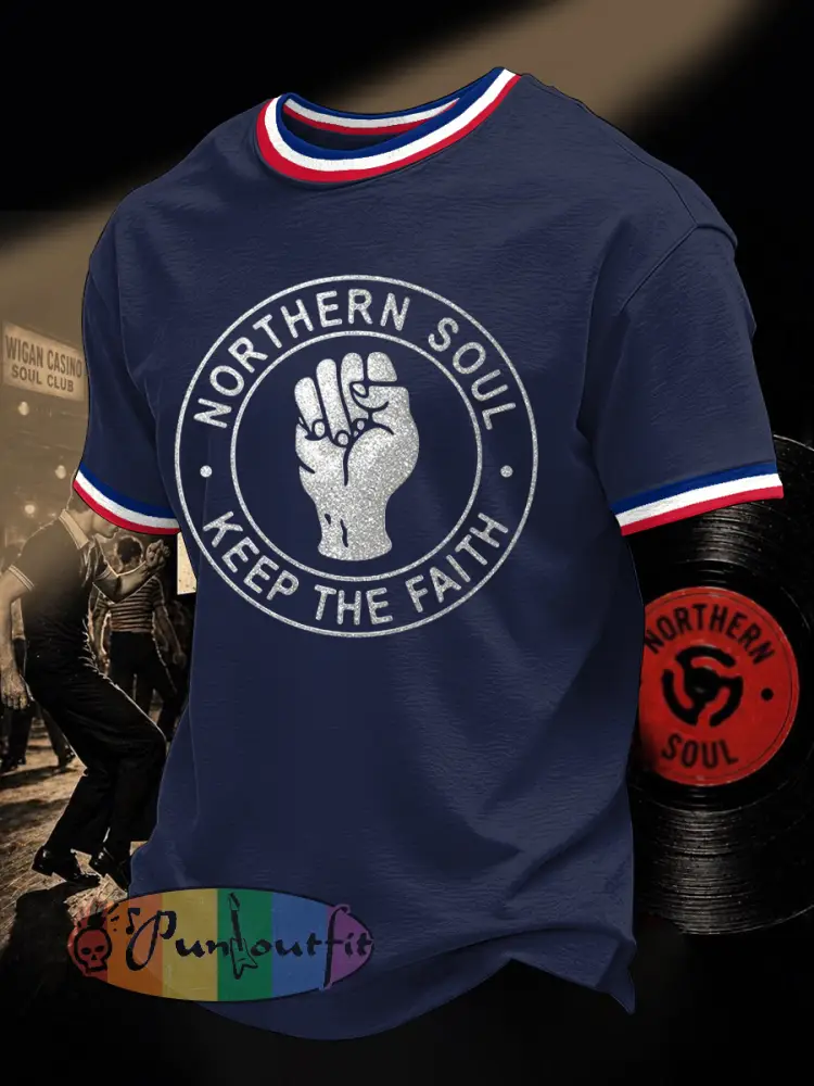 Men’s Retro Northern Soul Keep The Faith Print Casual Tee - Deep Blue · S