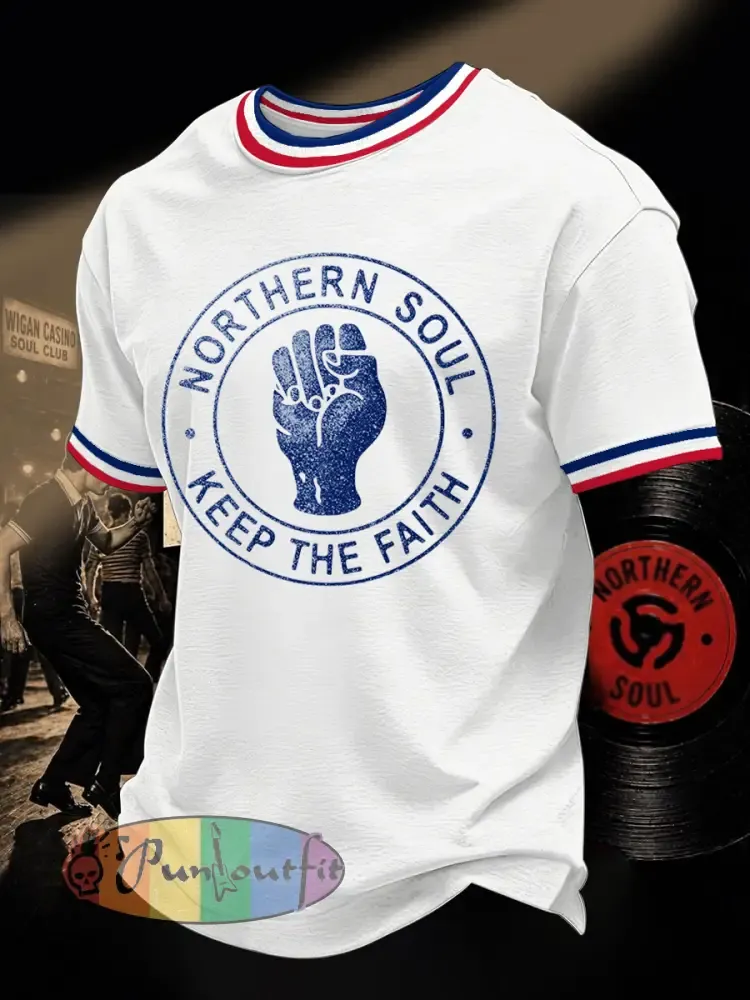 Men’s Retro Northern Soul Keep The Faith Print Casual Tee - White · S