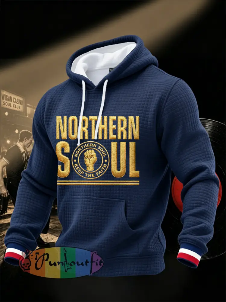 Men’s Retro Northern Soul Keep The Faith Print Waffle Hoodie - Deep Blue · S