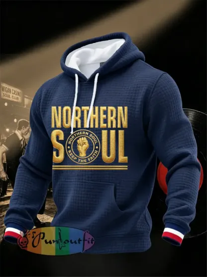 Men’s Retro Northern Soul Keep The Faith Print Waffle Hoodie - Deep Blue · S