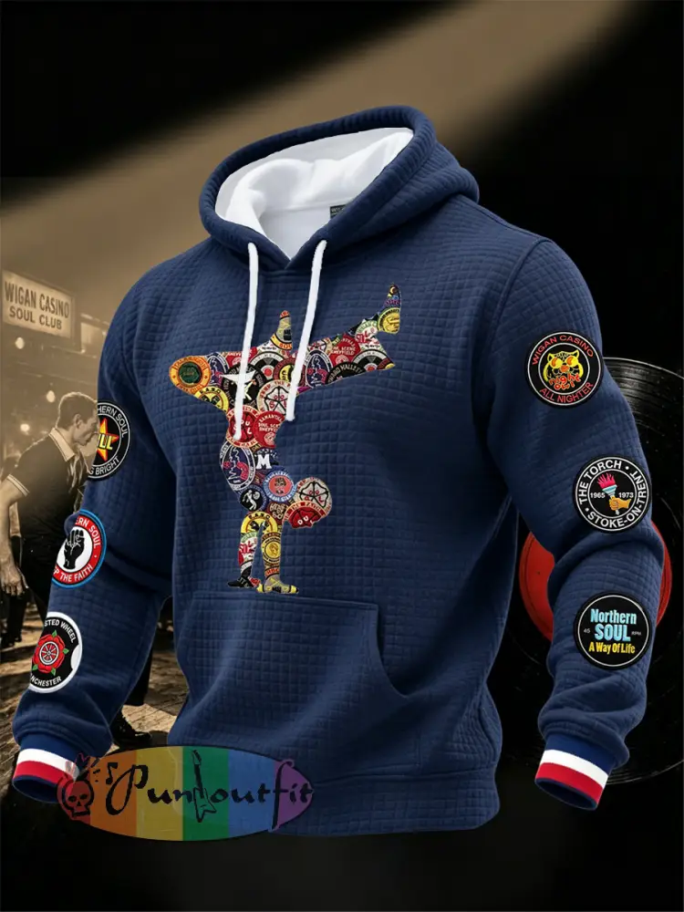 Men’s Retro Northern Soul Keep The Faith Print Casual Waffle Hoodie - Deep Blue · S