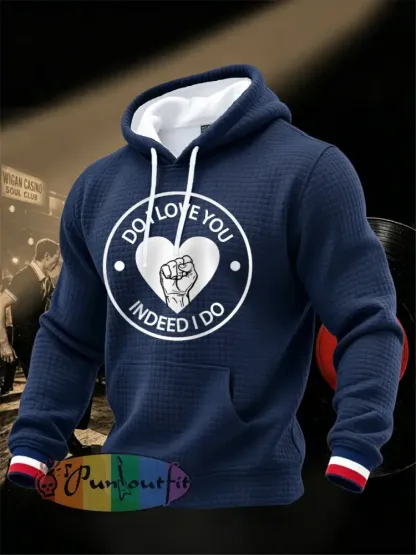 Men’s Retro Northern Soul Do I Love You Indeed I Do Print Casual Waffle Hoodie - Deep Blue · S