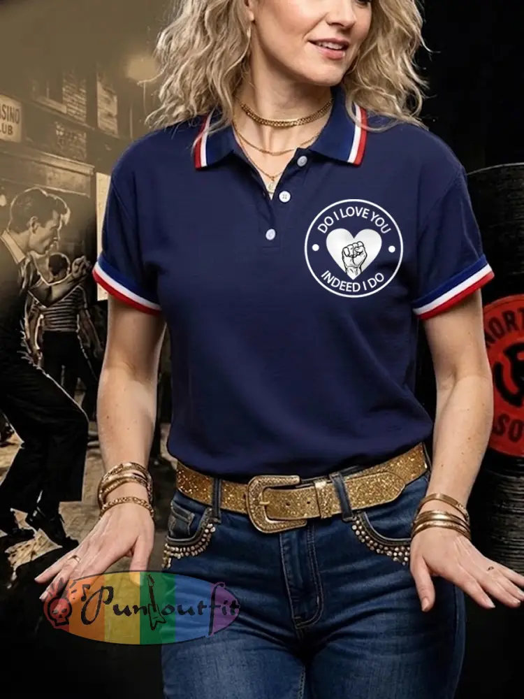 Women’s Retro Northern Soul Do I Love You Indeed I Do Print Casual Polo - Deep Blue · S