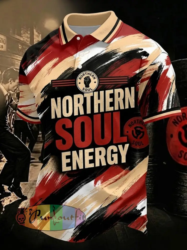 Men’s Retro Northern Soul Energy Print Casual Polo - Black-Red · S