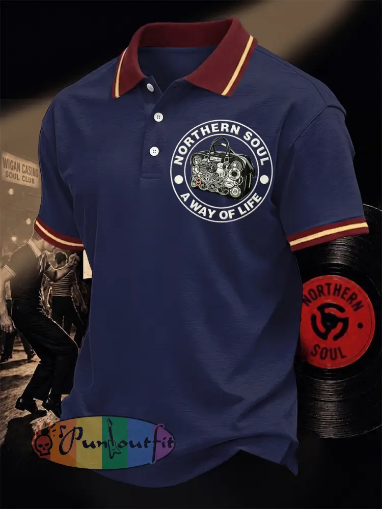 Men’s Retro Northern Soul A Way Of Life Print Casual Polo - Deep Blue · S