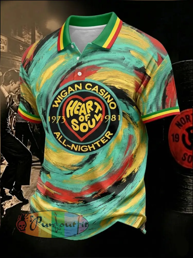 Men’s Retro Northern Soul All-Nighter Print Casual Polo - Green · S