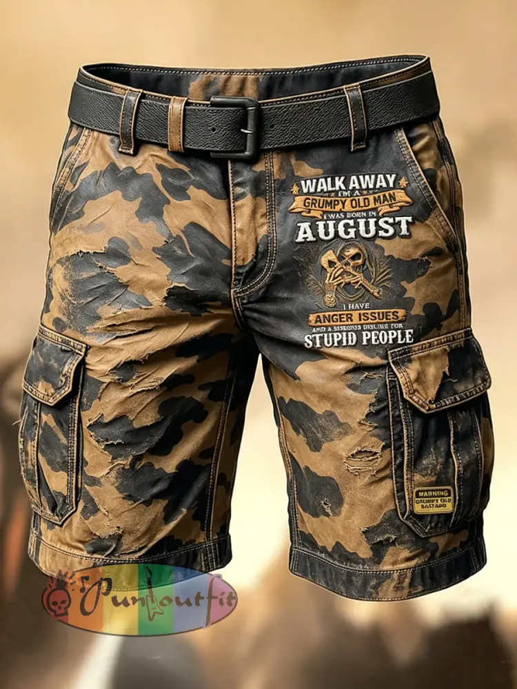 Men’s Retro Vacation Business Art Old Fuckers Club Print Casual Shorts - Khaki · S