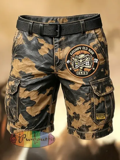 Men’s Retro Vacation Business Art Old Fuckers Club Print Casual Shorts - Khaki · S