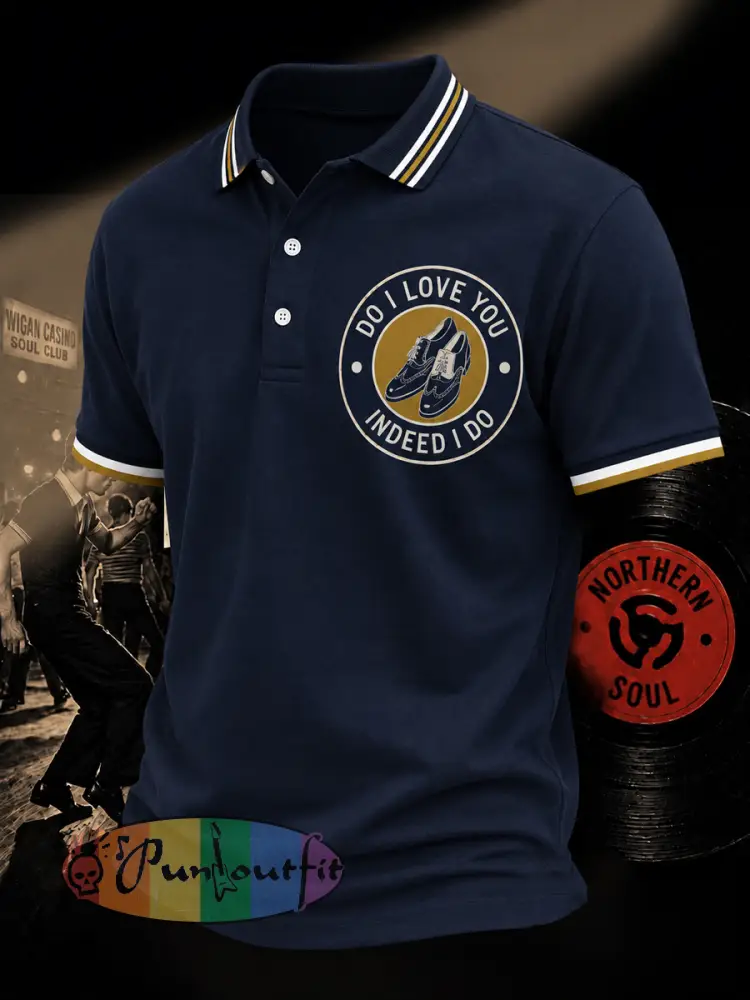 Men’s Retro Northern Soul Do I Love You Indeed I Do Print Casual Polo - Navy Blue · S