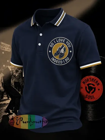 Men’s Retro Northern Soul Do I Love You Indeed I Do Print Casual Polo - Navy Blue · S