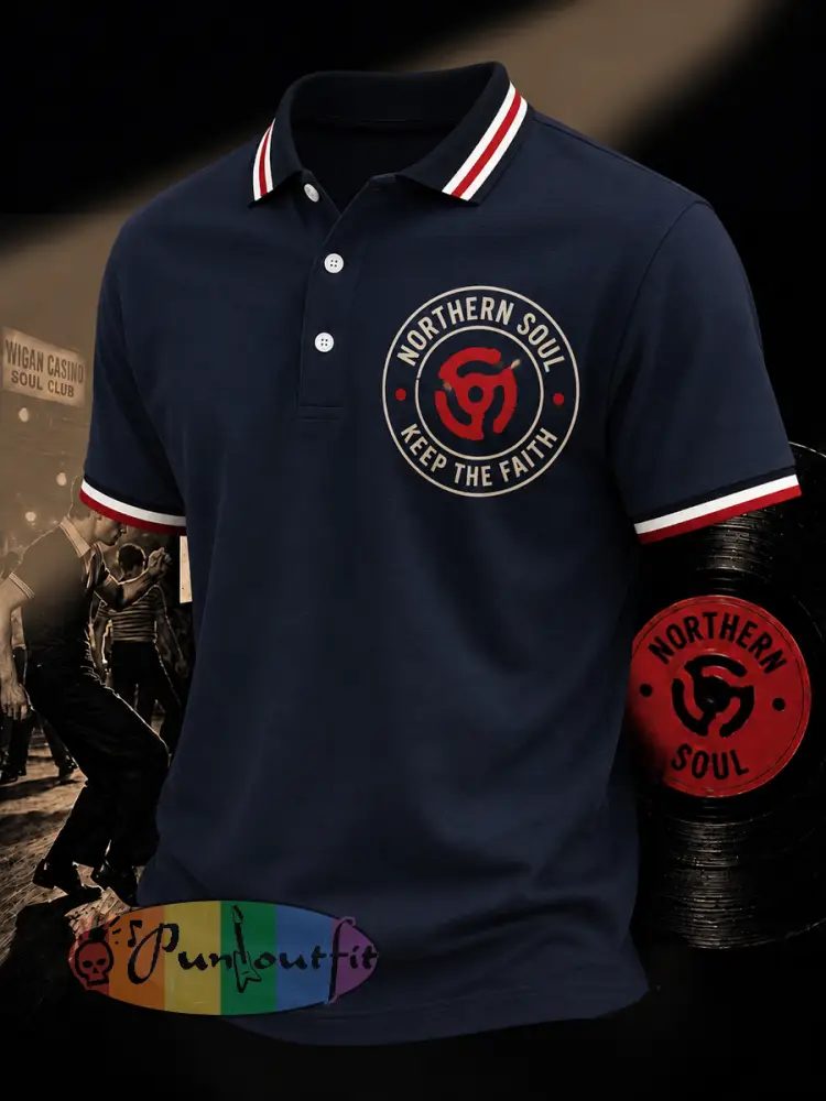 Men’s Retro Northern Soul Keep The Faith Print Casual Polo - Navy Blue · S