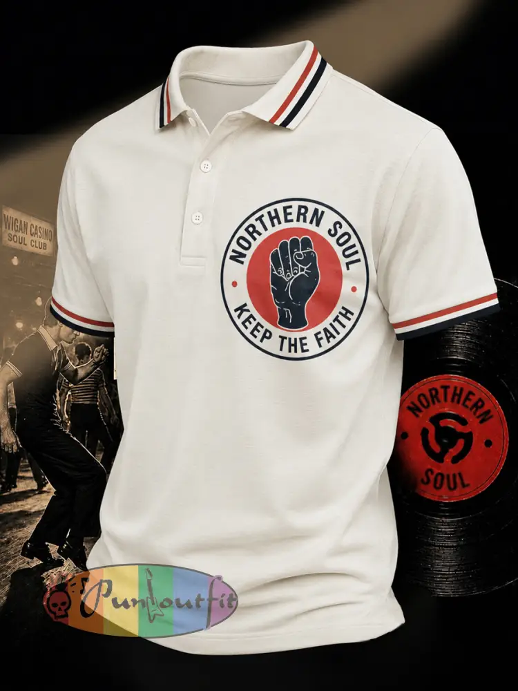 Men’s Retro Northern Soul Keep The Faith Print Casual Polo - Creamy-White · S