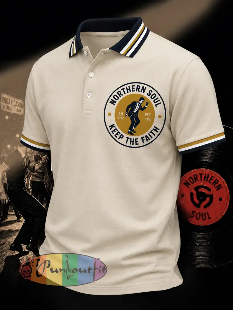 Men’s Retro Northern Soul Keep The Faith Print Casual Polo - Beige · S