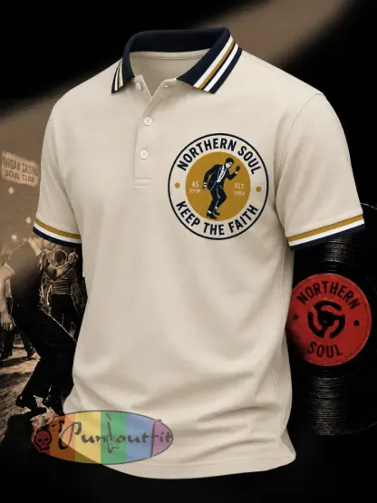 Men’s Retro Northern Soul Keep The Faith Print Casual Polo - Beige · S