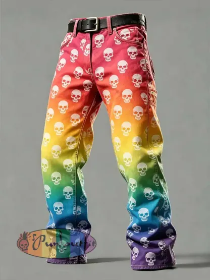 Men’s Rainbow Skull Art Printed Casual Pants - As picture · S
