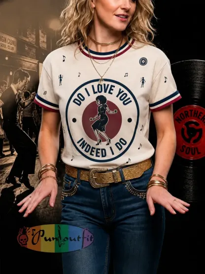Women’s Retro Northern Soul Do I Love You Indeed I Do Print Casual Tee - Beige · S