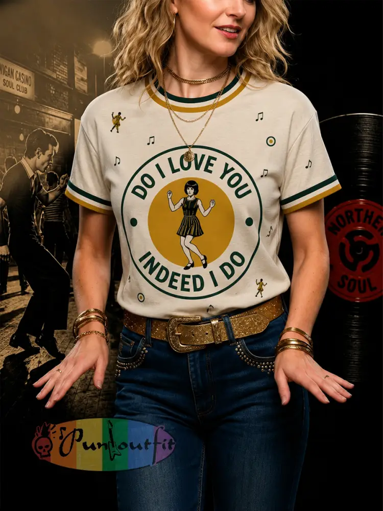 Women’s Retro Northern Soul Do I Love You Indeed I Do Print Casual Tee - Beige · S