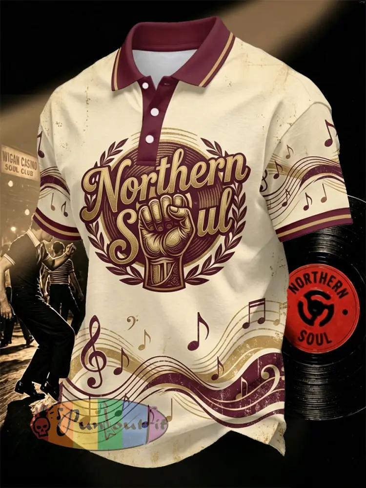 Men’s Retro Northern Soul Print Casual Polo - Apricot · S
