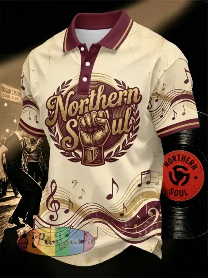 Men’s Retro Northern Soul Print Casual Polo - Apricot · S