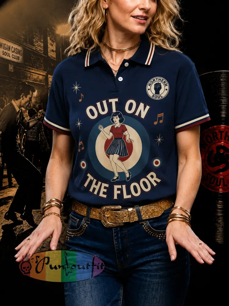 Women’s Retro Northern Soul Out On The Floor Print Casual Polo - Navy Blue · S