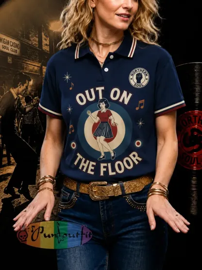 Women’s Retro Northern Soul Out On The Floor Print Casual Polo - Navy Blue · S