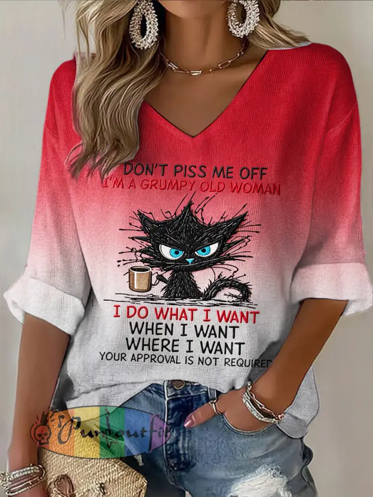 Women’s Grumy Old Women V-neck Short Sleeve T-shirt - Red · S