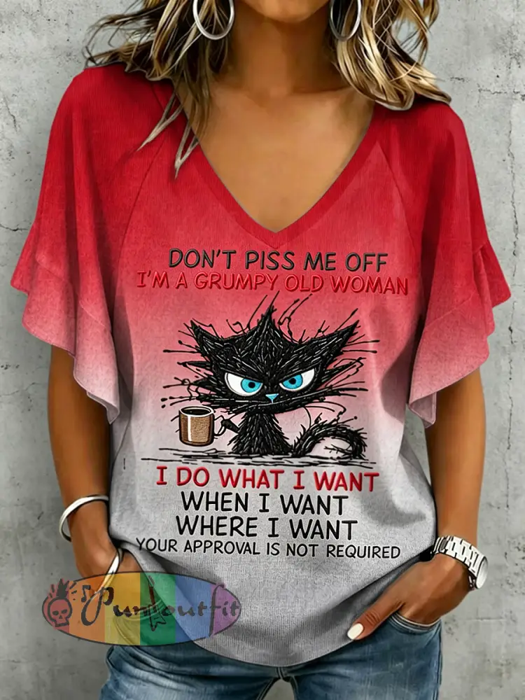 Women’s Grumy Old Women Printed V-neck Ruffle Sleeve T-shirt - Red · S