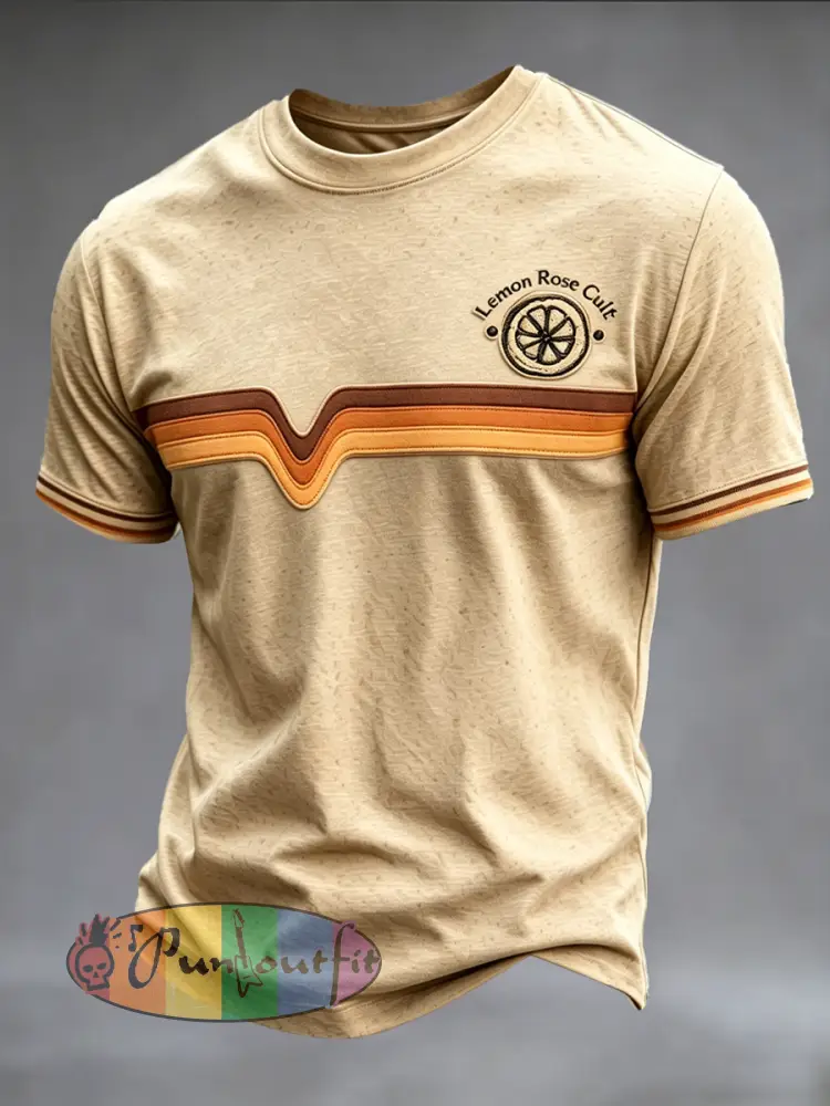 Men’s British Stone Rose Stripe Print Casual T-shirt - Apricot · S
