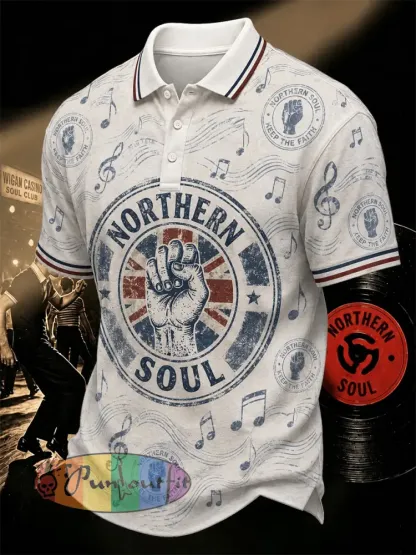 Men’s Retro Northern Soul Print Casual Polo - Creamy-White · S
