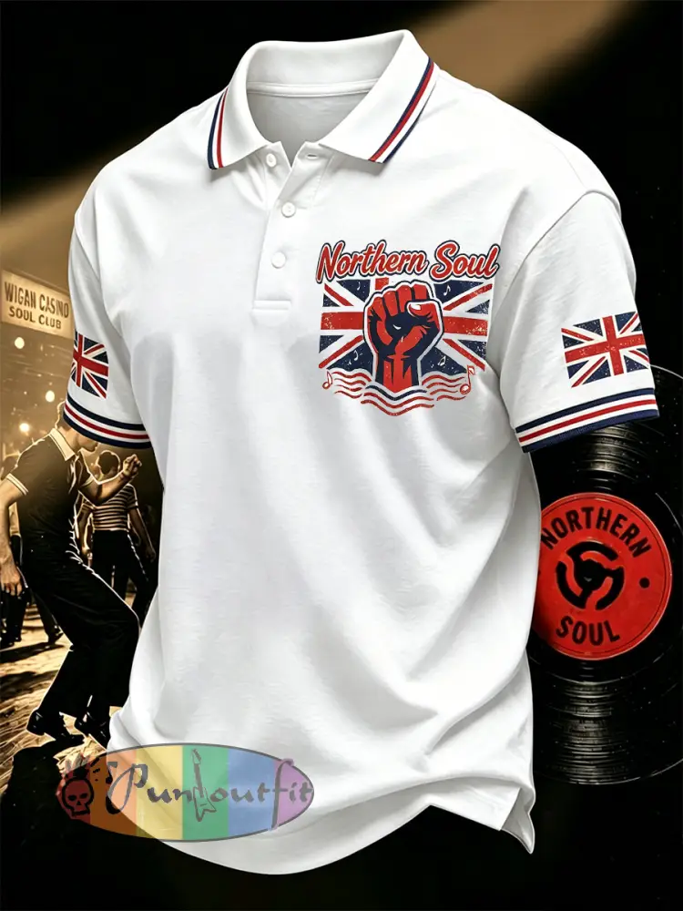 Men’s Retro Northern Soul Print Casual Polo - White · S