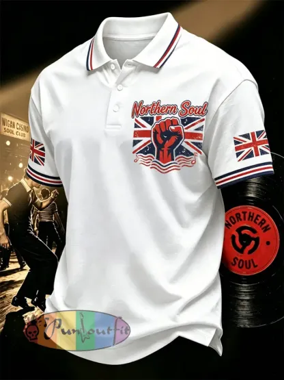 Men’s Retro Northern Soul Print Casual Polo - White · S