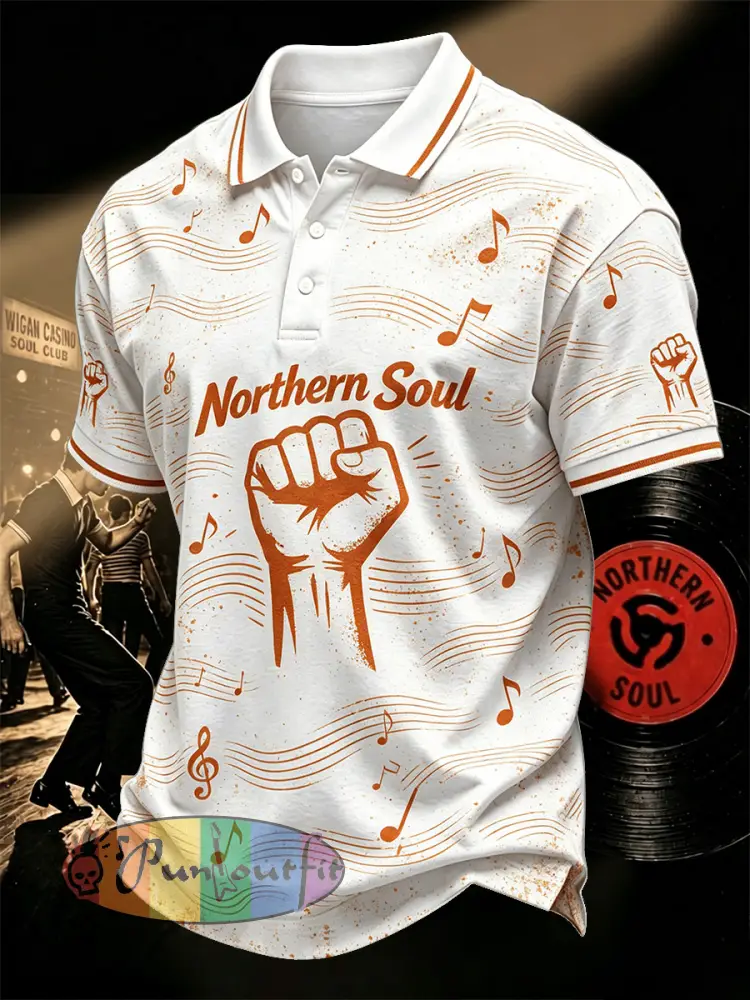 Men’s Retro Northern Soul Print Casual Polo - White · S