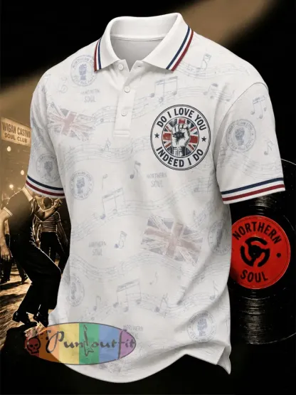 Men’s Retro Northern Soul Do I Love You Indeed I Do Print Casual Polo - White · S