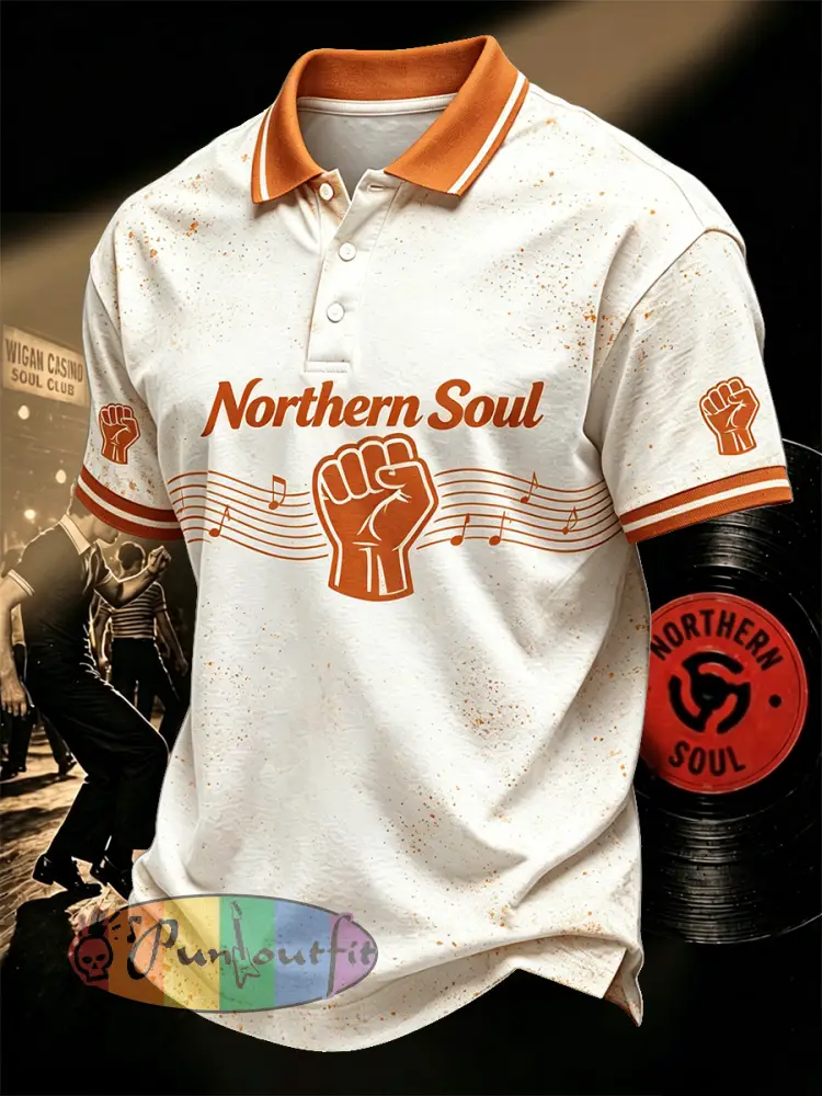 Men’s Retro Northern Soul Print Casual Polo - Beige · S
