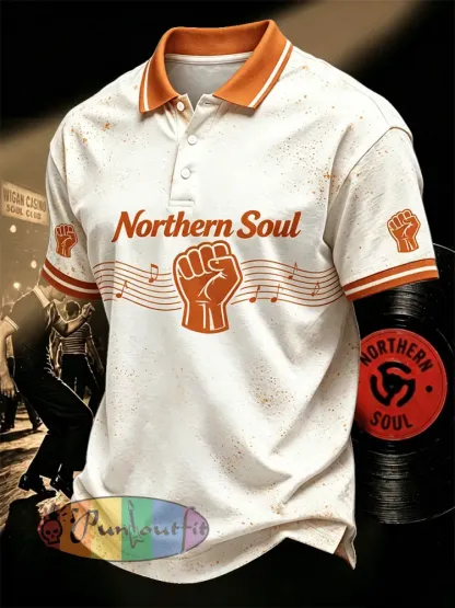 Men’s Retro Northern Soul Print Casual Polo - Beige · S