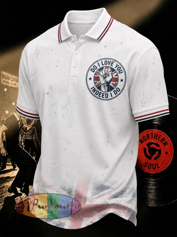 Men’s Retro Northern Soul Do I Love You Indeed I Do Print Casual Polo - White · S